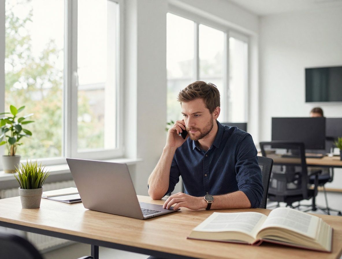 Nowoczesna, jasna przestrzeń do pracy z dużymi oknami, na biurku stoją rośliny w doniczkach obok otwartej książki i laptopa — spokojna atmosfera wiedzy i skupienia w naturalnym oświetleniu dziennym