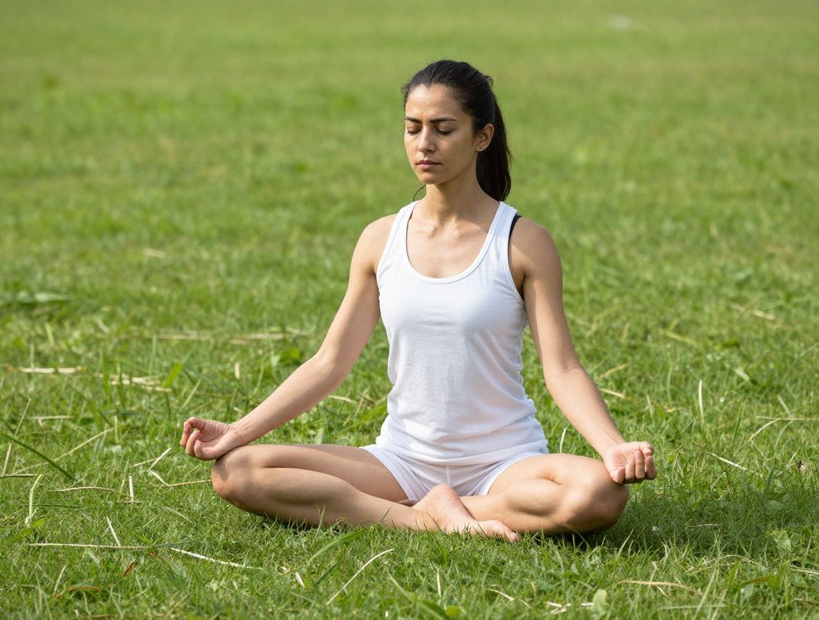 Kobieta w białej koszuli praktykuje jogę w pozycji wojownika na świeżym powietrzu na tle zielonej trawy podczas wschodu słońca