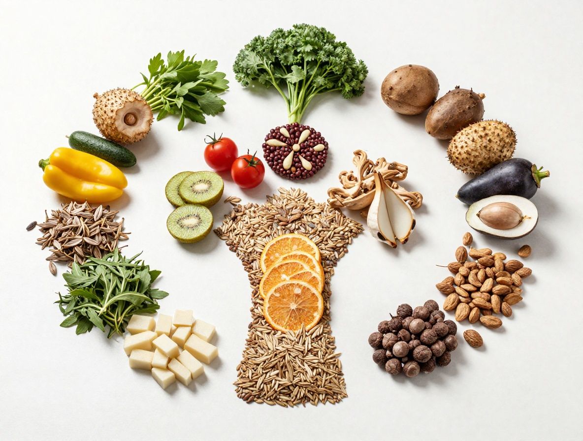 Jasno oświetlony stół z różnorodnymi świeżymi warzywami, owocami i nasionami ułożonymi w artystyczny sposób na białym tle — symbolizuje zbilansowane odżywianie