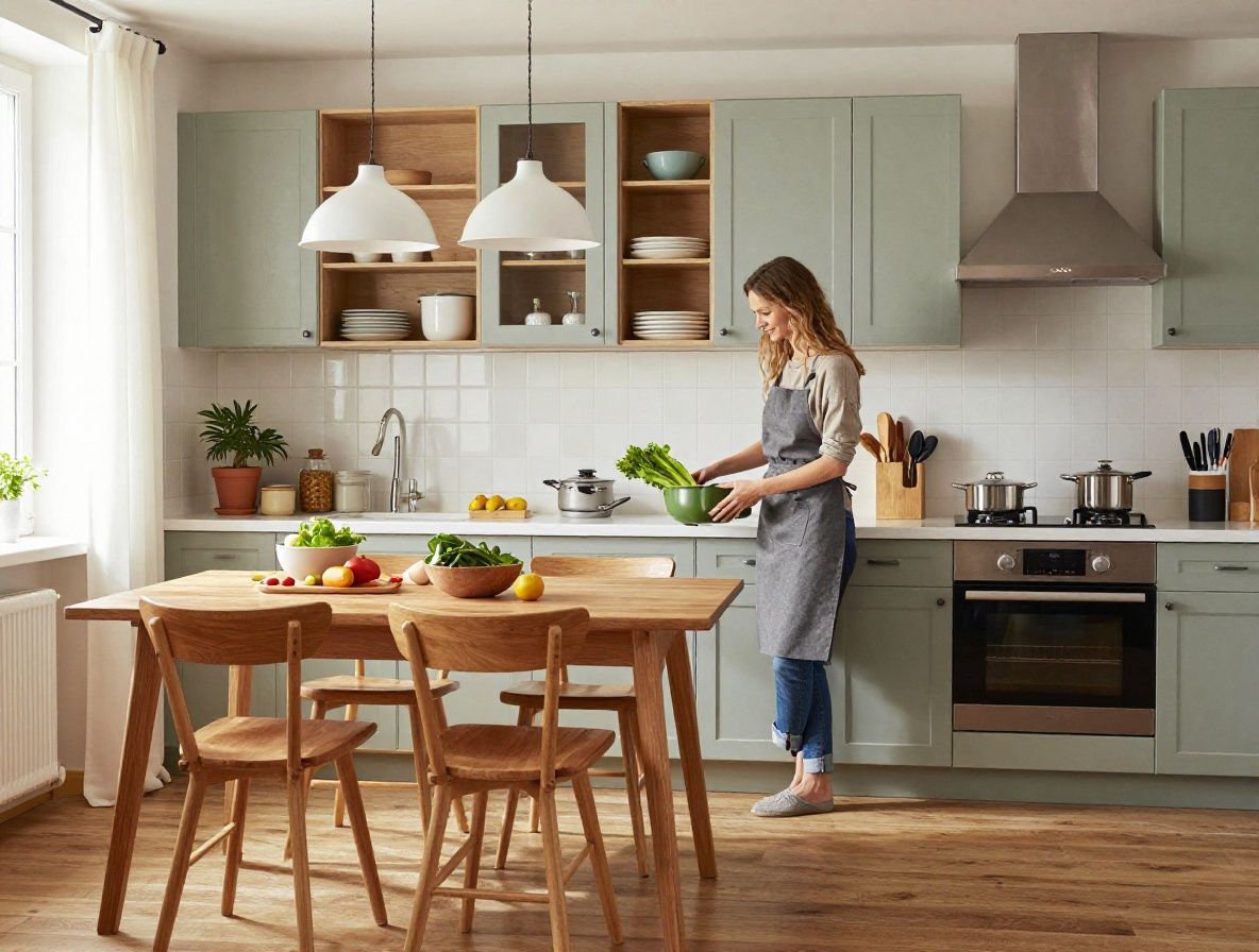 Para w średnim wieku gotuje razem świeże warzywa w jasnej, nowoczesnej kuchni — scena domowa pokazująca radość ze zdrowego gotowania w naturalnym oświetleniu